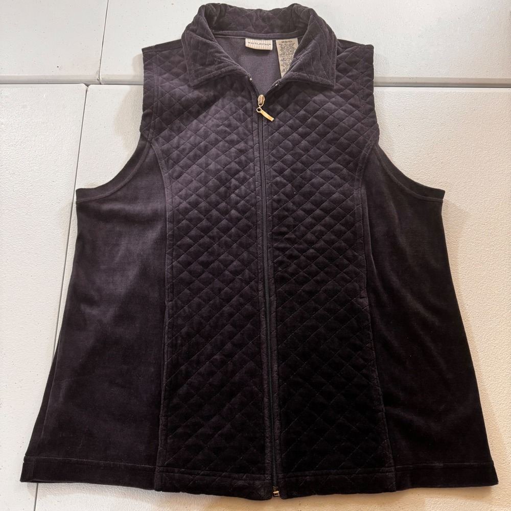 Y2K White Stag Womens Velour Navy Quilted Zip Up Vest M 8 10 Sleeveless Jacket